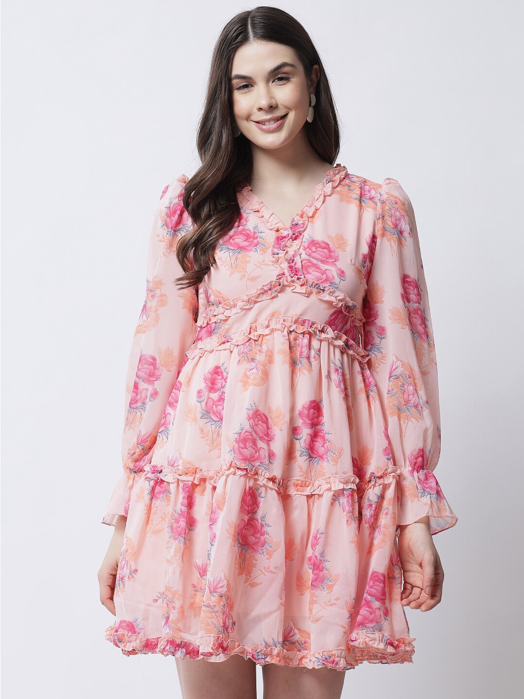 

MARC LOUIS Peach-Coloured Floral Georgette Dress