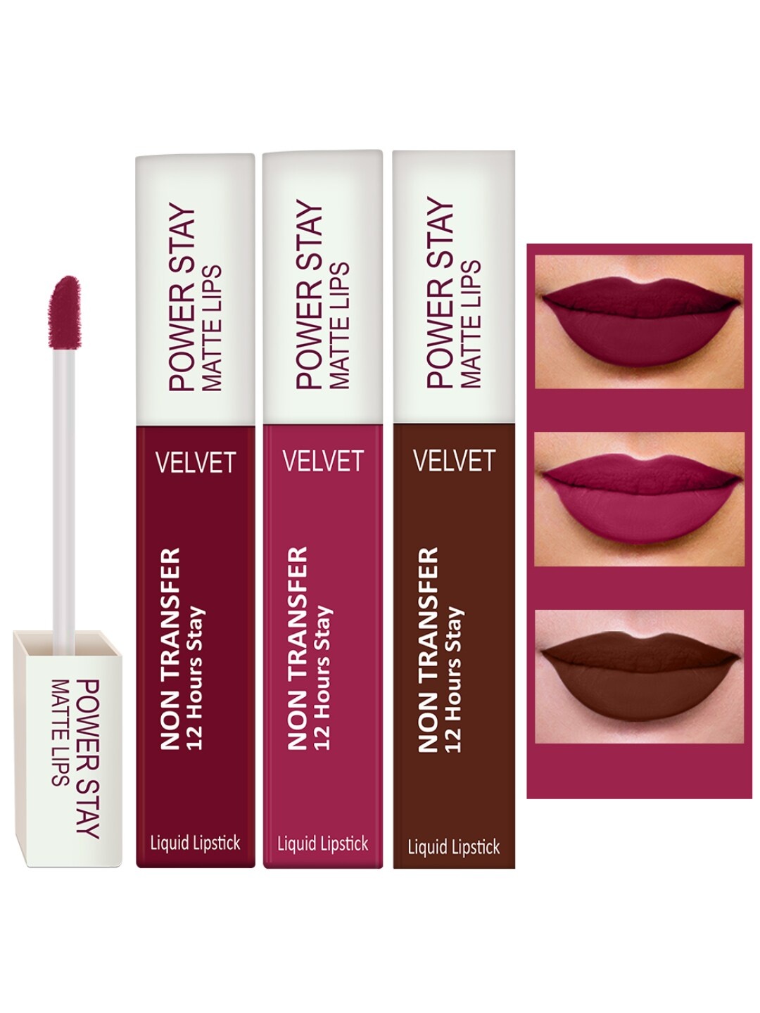 

PERPAA Pack Of 3 Waterproof Liquid Matte Power Stay Lipstick 4ml, Maroon
