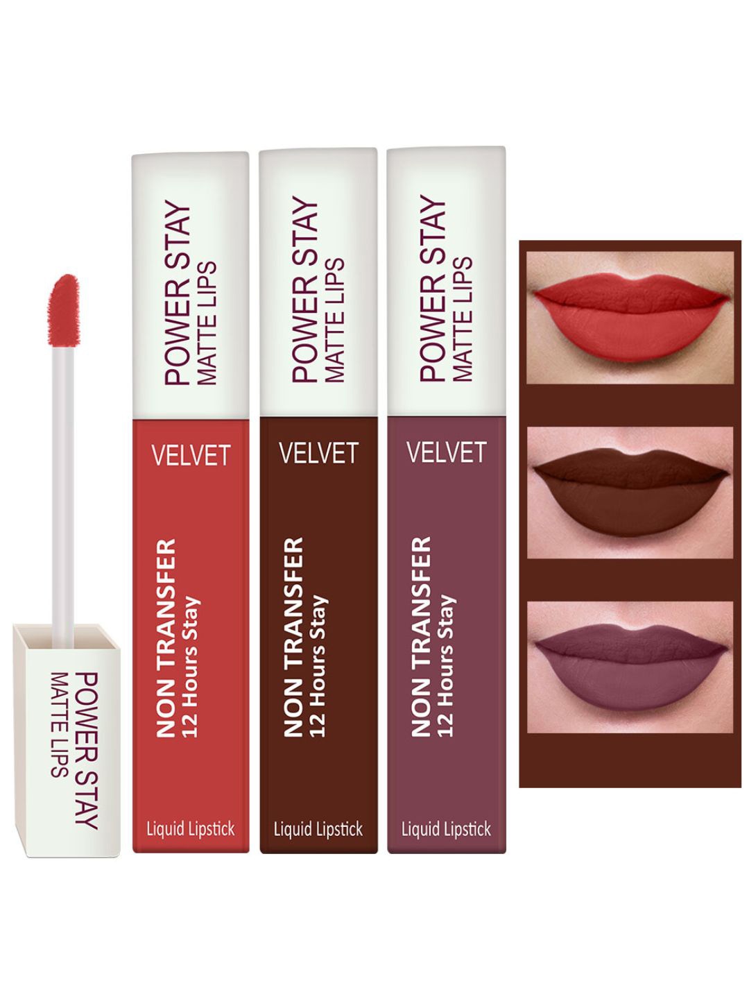 

PERPAA Set Of 3 Waterproof Liquid Matte Power Stay Lipstick 4ml, Brown