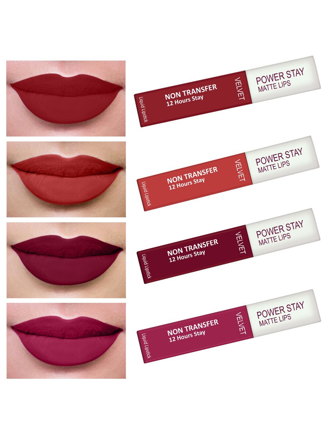 

PERPAA Set Of 4 Waterproof Liquid Matte Power Stay Lipstick - Apple Red - Flirty Red - Cherry Red - Pink Prom 4 ml Each, Rust