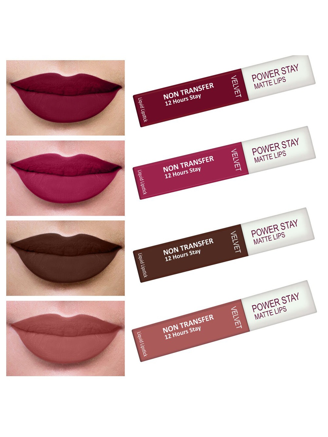 

PERPAA Set Of 4 Waterproof Liquid Matte Power Stay Lipstick 4ml, Maroon