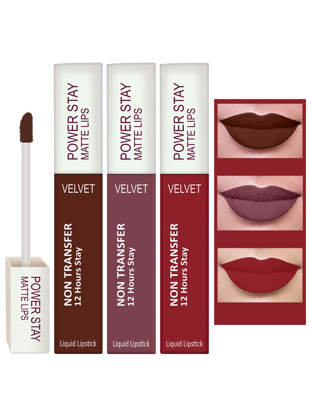 

PERPAA Set Of 3 Waterproof Liquid Matte Power Stay Lipstick 4ml, Brown