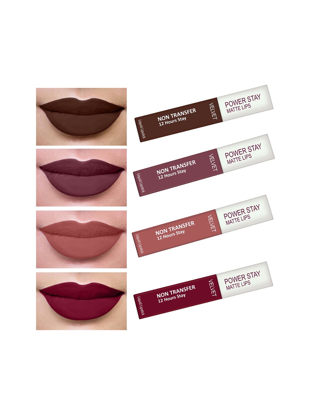 

PERPAA Set Of 4 Waterproof Liquid Matte Power Stay Lipstick 4ml, Brown