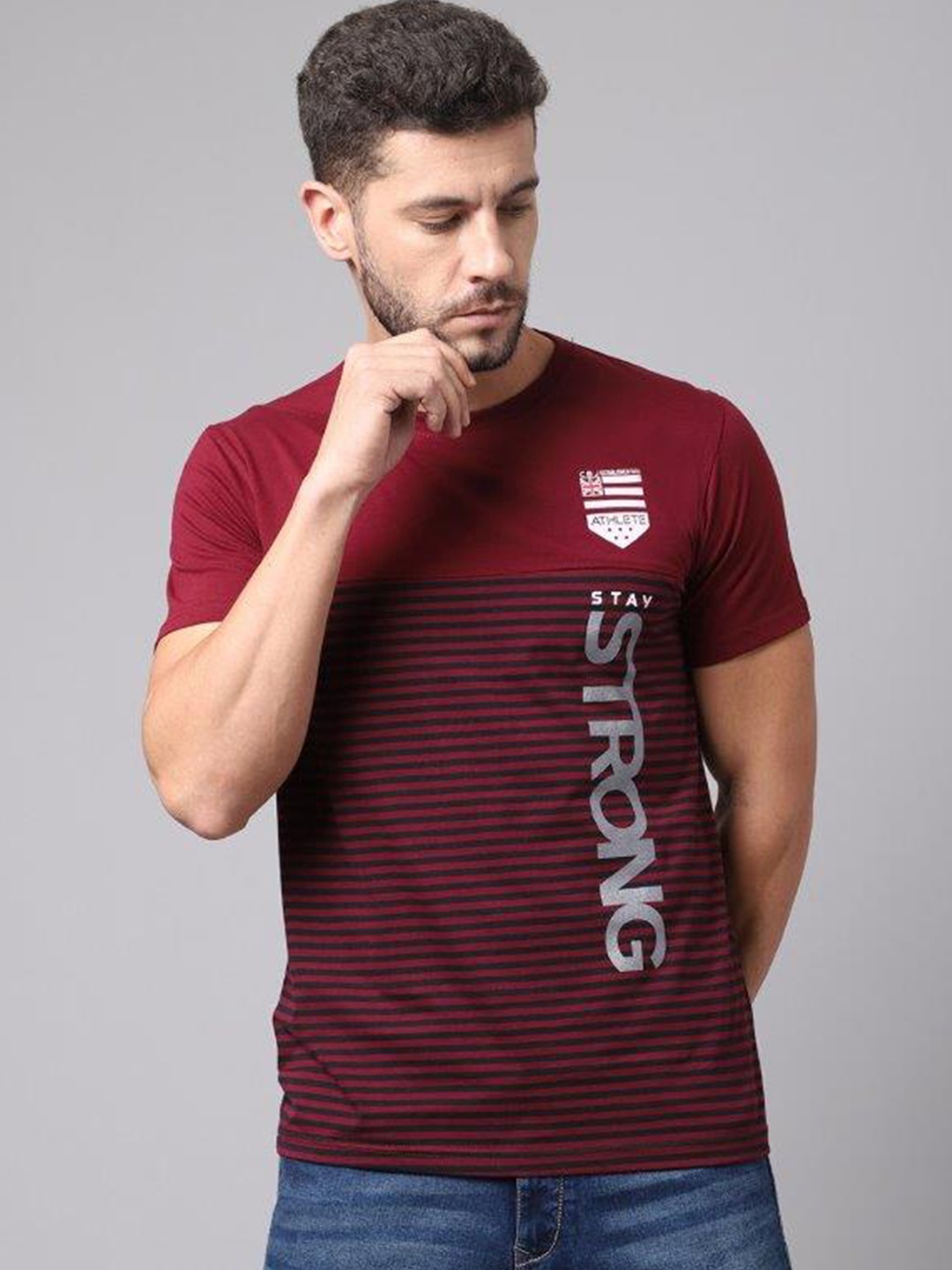 

Cantabil Men Maroon & Red Striped Cotton T-shirt