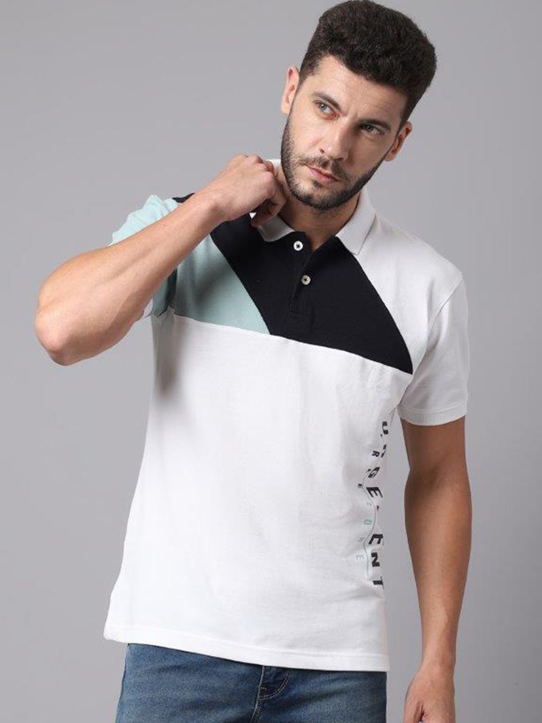 

Cantabil Men White & Black Colourblocked Polo Collar Cotton T-shirt