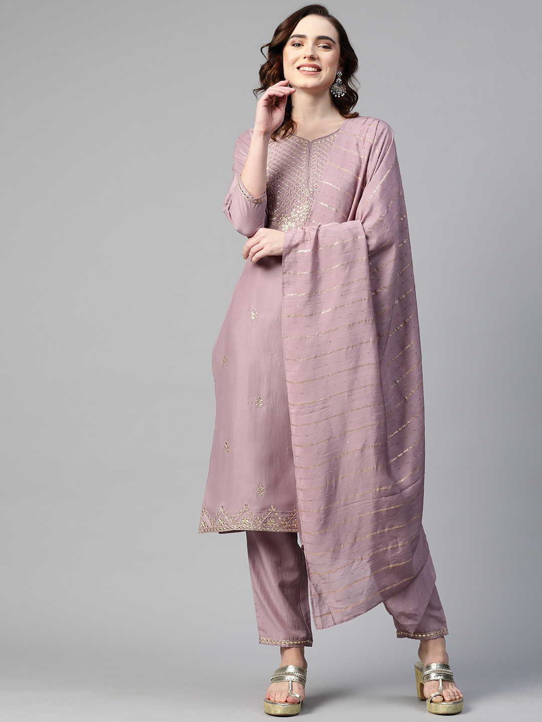 

Sunehri Women Purple Floral Embroidered Sequinned Kurta with Trousers & Dupatta