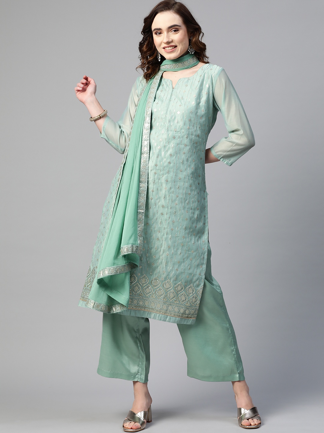 

Sunehri Women Sea Green Embroidered Sequinned Chanderi Silk Kurta with Palazzos & Dupatta