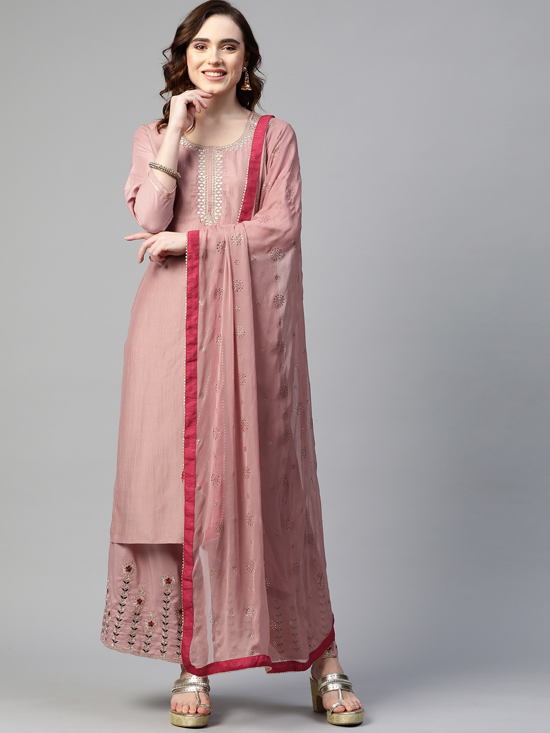 

Sunehri Women Peach-Coloured Yoke Design Kurta with Palazzos & Dupatta