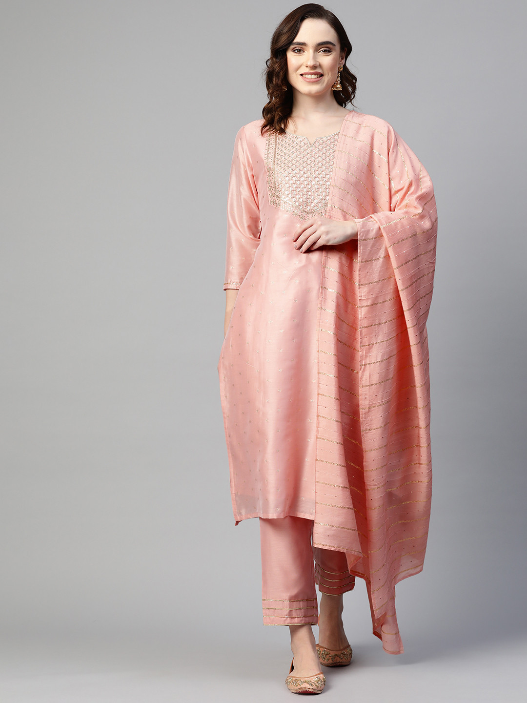 

Sunehri Women Peach-Coloured Embroidered Sequinned Kurta with Trousers & Dupatta