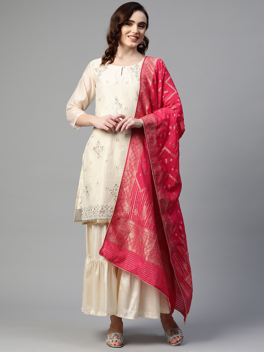 

Sunehri Women Off White Floral Embroidered Sequinned Kurta with Sharara & Dupatta