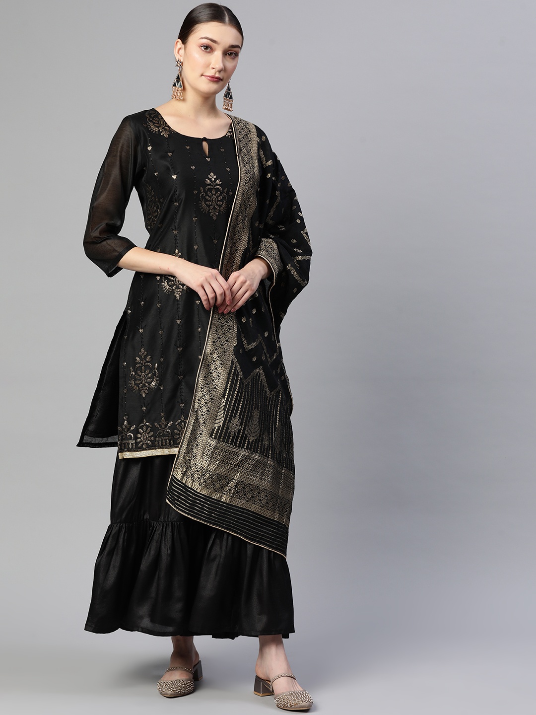 

Sunehri Women Black Ethnic Motifs Embroidered Sequinned Chanderi Silk Kurta with Sharara & With Dupatta