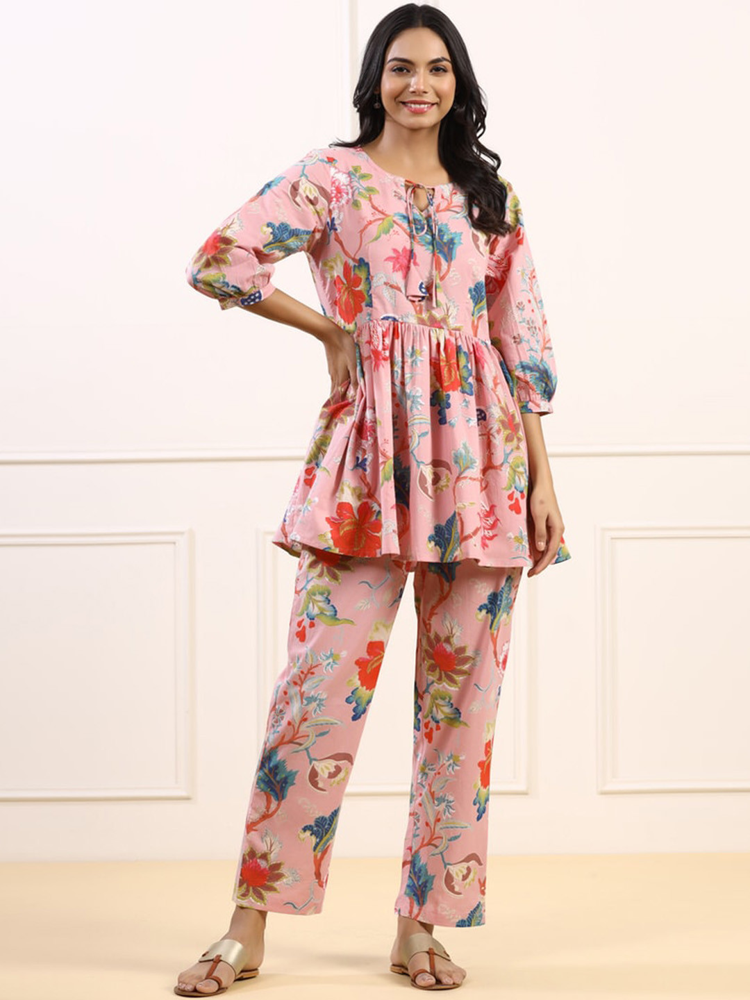 

JISORA Women Pink & Blue Printed Pure Cotton Co-Ords