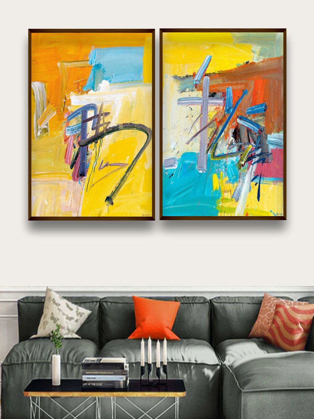 

The Art House Set of 2 Yellow & Blue Abstract Painting Framed Wall Art