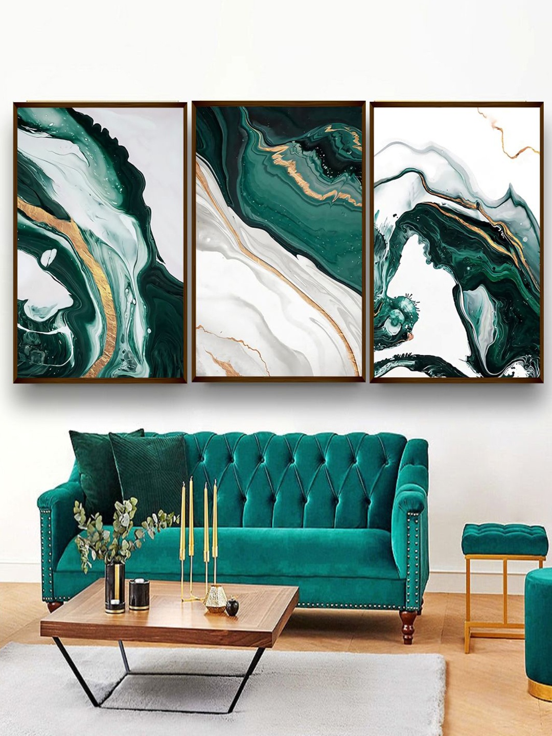 

The Art House Set Of 3 Green & White Abstract Paintings Wall Art
