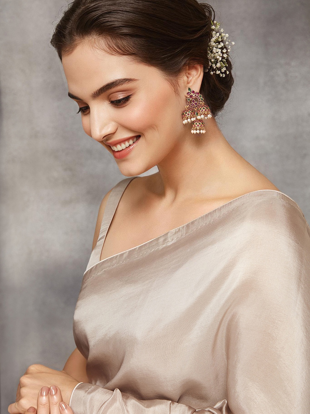 

Priyaasi Gold-Toned & Pink Gold-Plated Contemporary Jhumkas Earrings