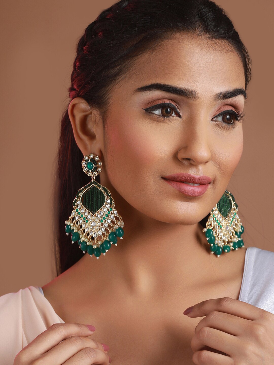 

Priyaasi Green Gold-Plated Contemporary Drop Earrings