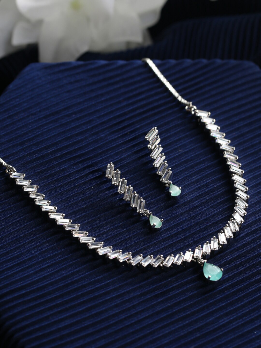 

Priyaasi Silver-Plated White & Green AD-Studded Jewellery Set