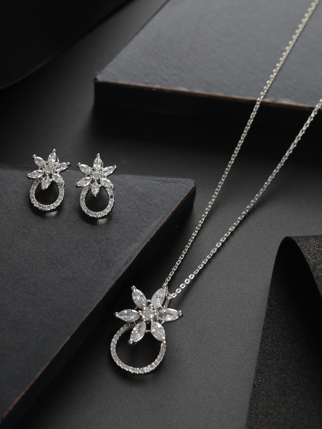 

Priyaasi Silver-Plated With American Diamond Jewellery Set