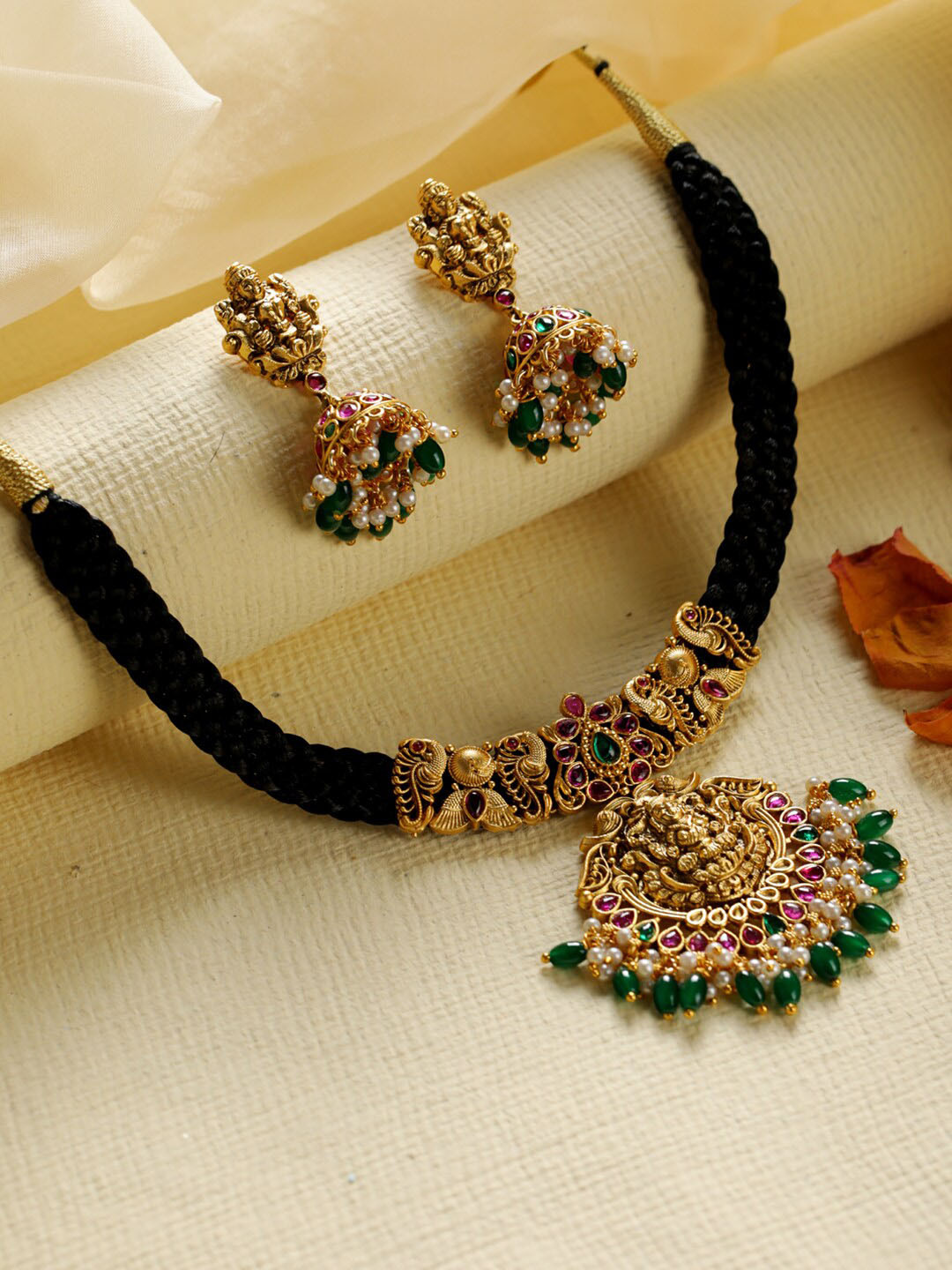 

Priyaasi Gold-Plated Green & White Pearl-Studded Jewellery Set