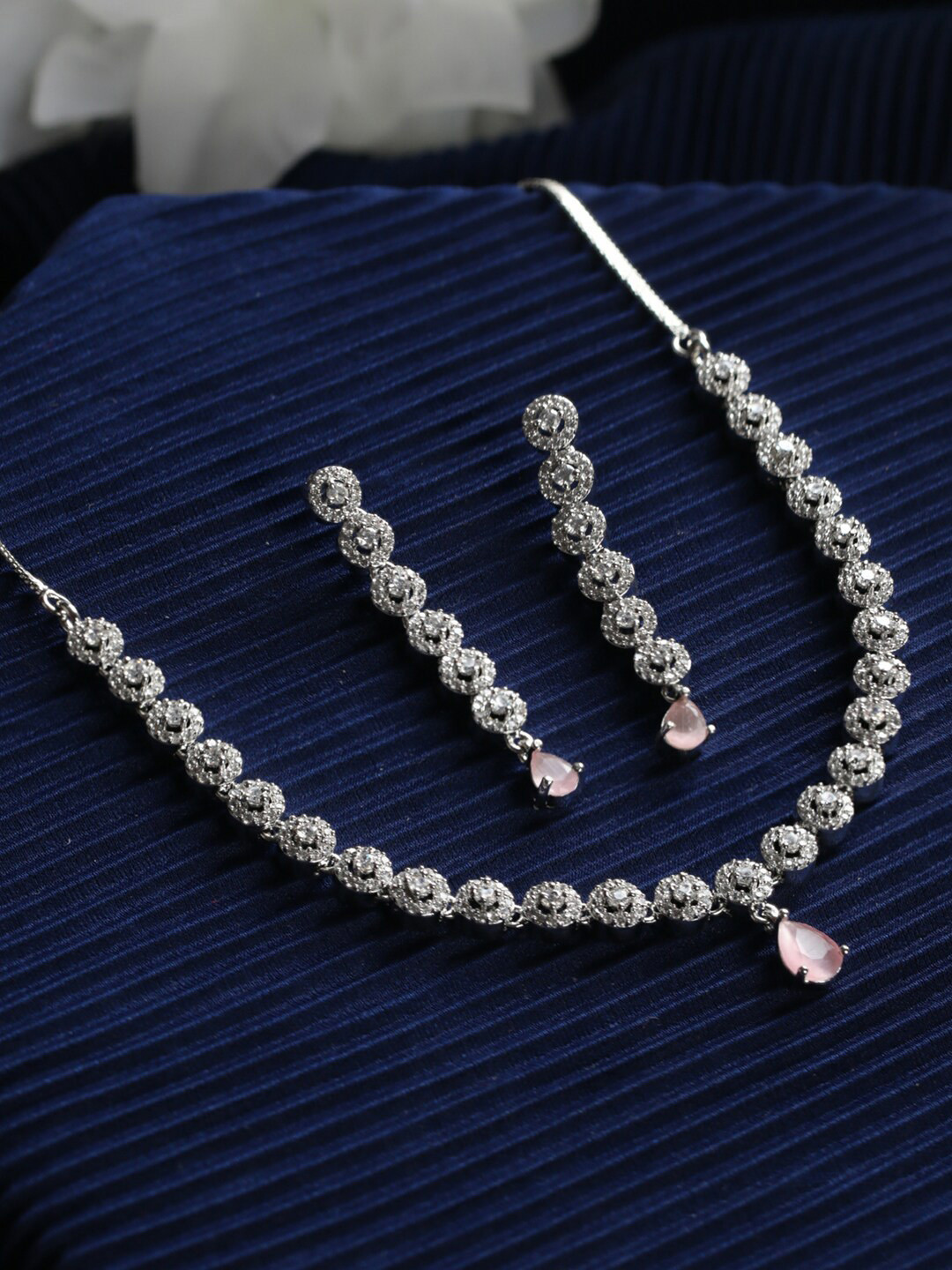 

Priyaasi Pink Silver-Plated AD-Studded & Beaded Jewellery Set