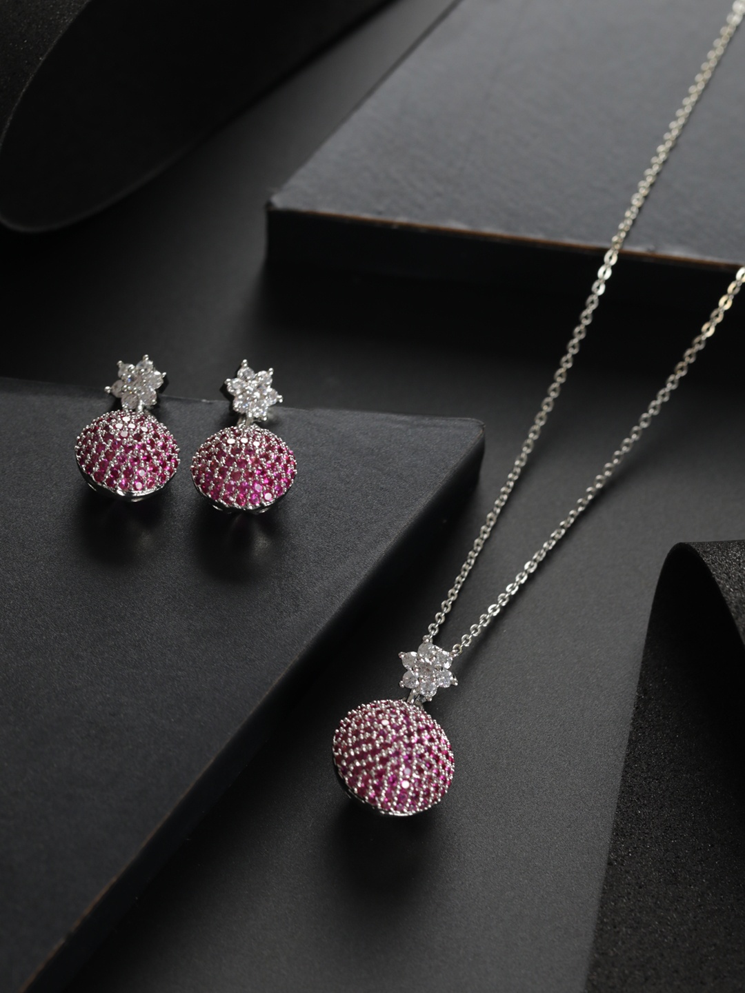 

Priyaasi Silver-Plated White & Pink AD-Studded Jewellery Set