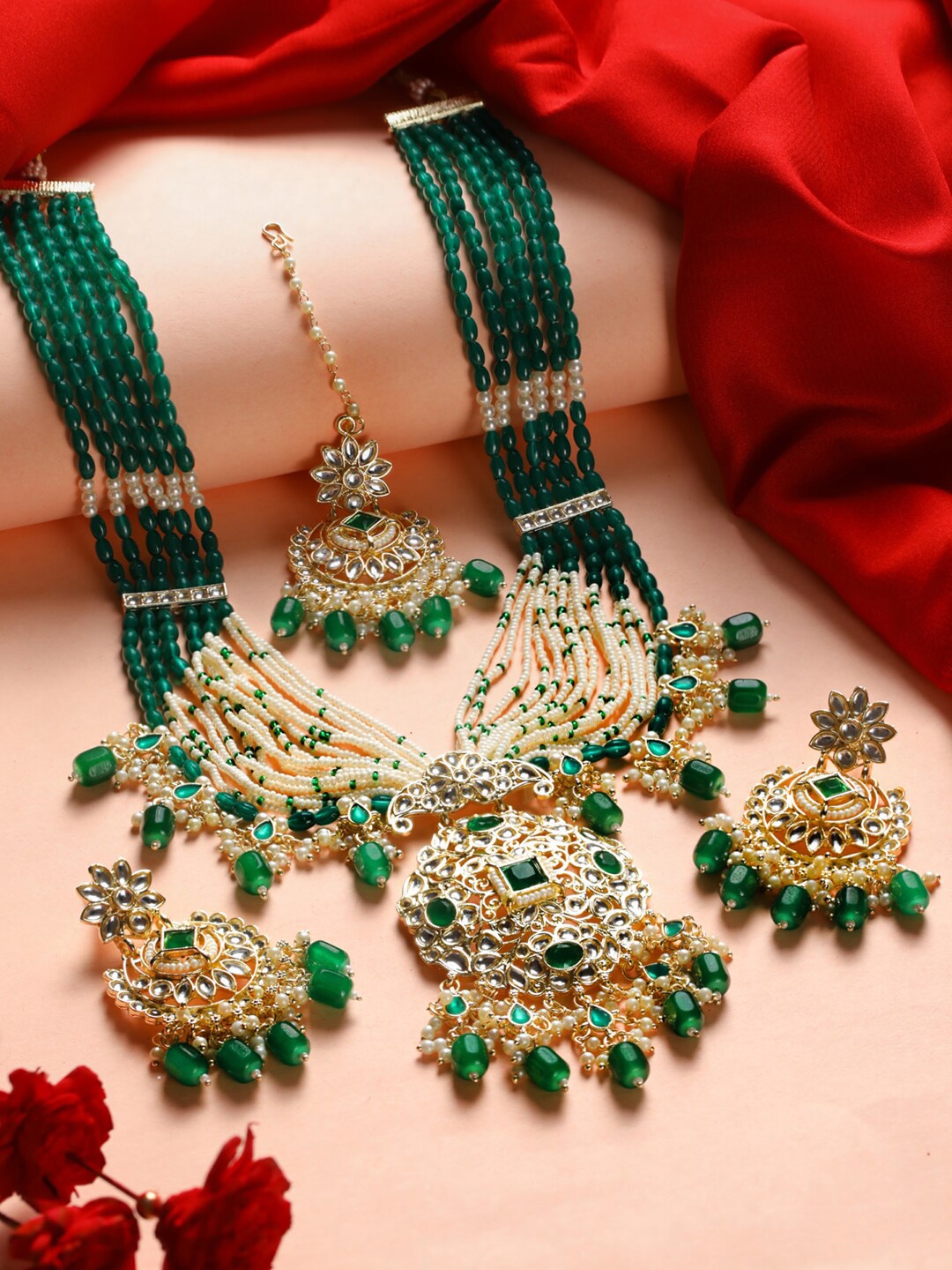 

Priyaasi Gold-Plated & Toned Green Kundan Studded Jewellery Set