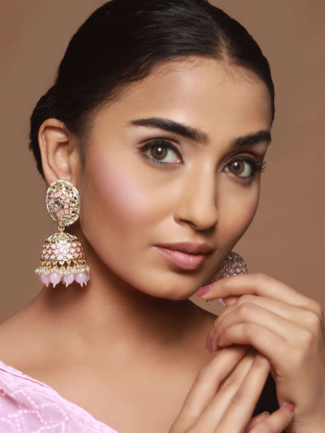 

Priyaasi Pink Gold-Plated Dome Shaped Jhumkas Earrings