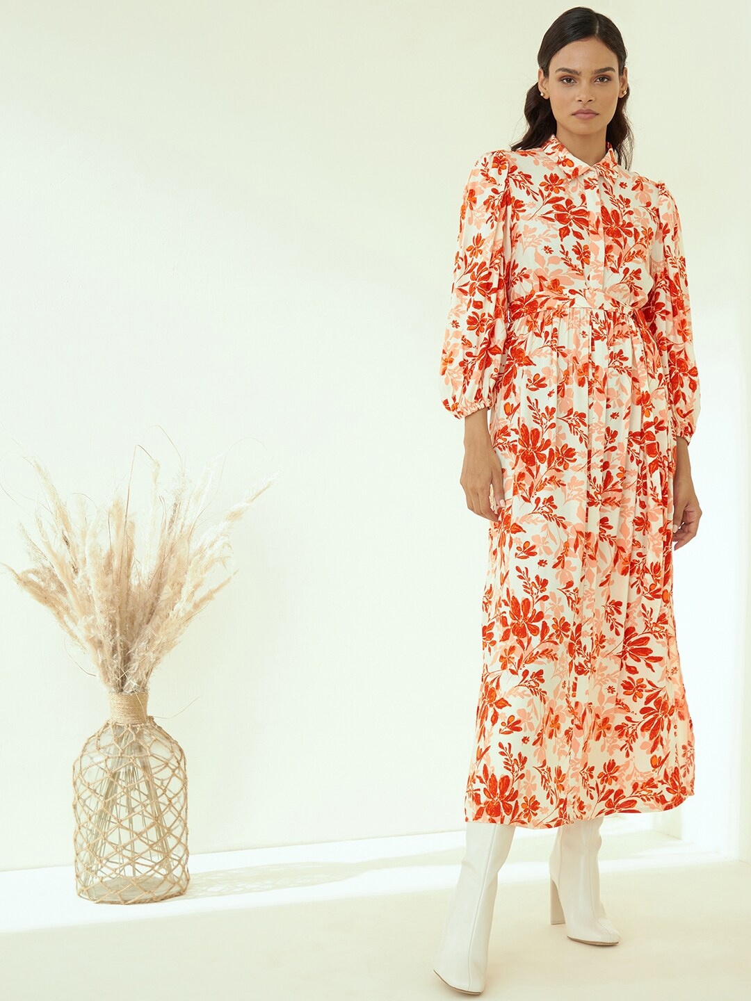

Femella Orange & Off White Floral Shirt Maxi Dress