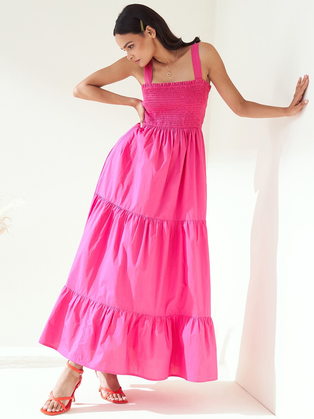 

Femella Pink Cotton Layered A-Line Maxi Dress
