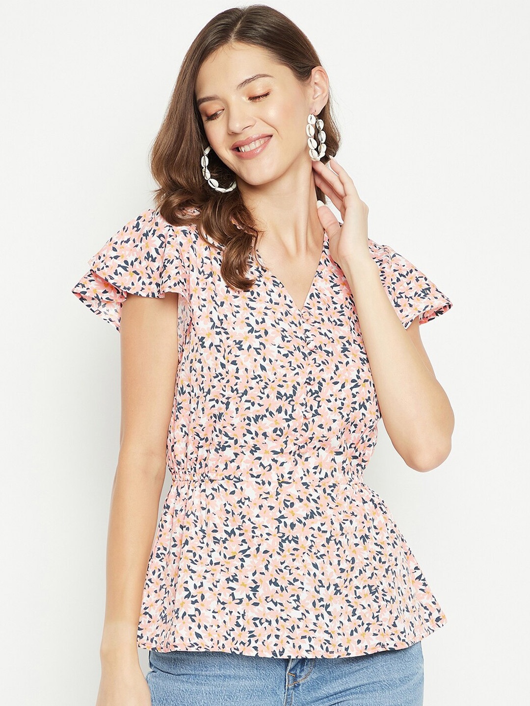 

PURYS Peach-Coloured & Navy Blue Floral Print Crepe Top