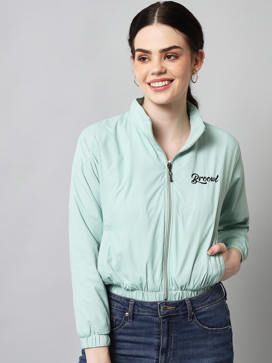 

BROOWL Women Sea Green Windcheater Crop Bomber Jacket