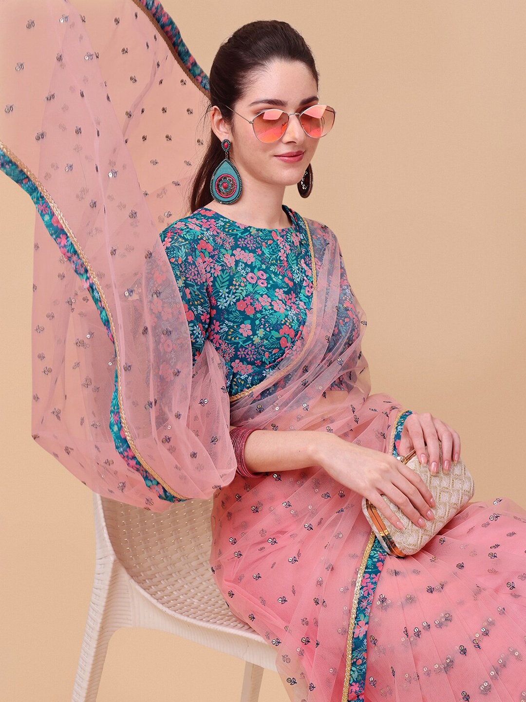 

Inddus Pink & Blue Embellished Sequinned Net Saree