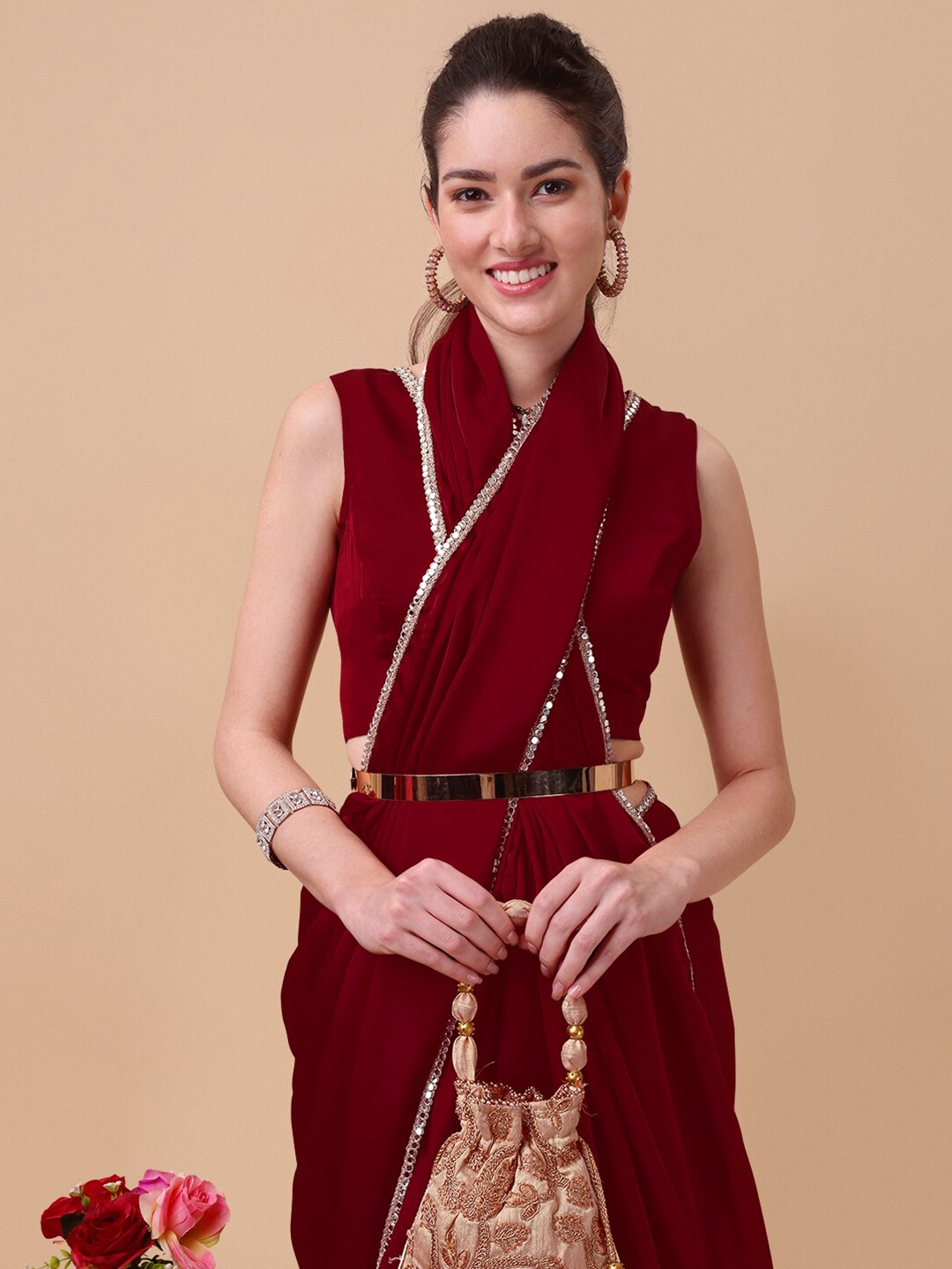 

Inddus Maroon & Gold-Toned Mirror Work Satin Saree