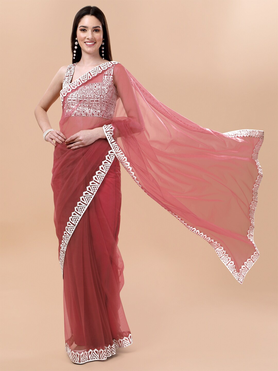 

Inddus Pink & White Embroidered Net Saree