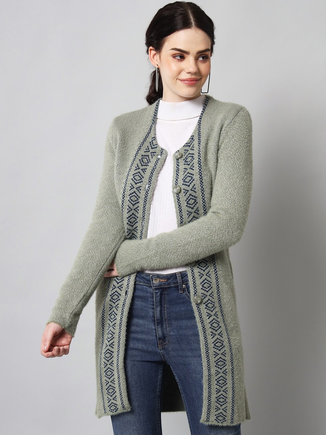 

BROOWL Women Grey & Blue Longline Cardigan