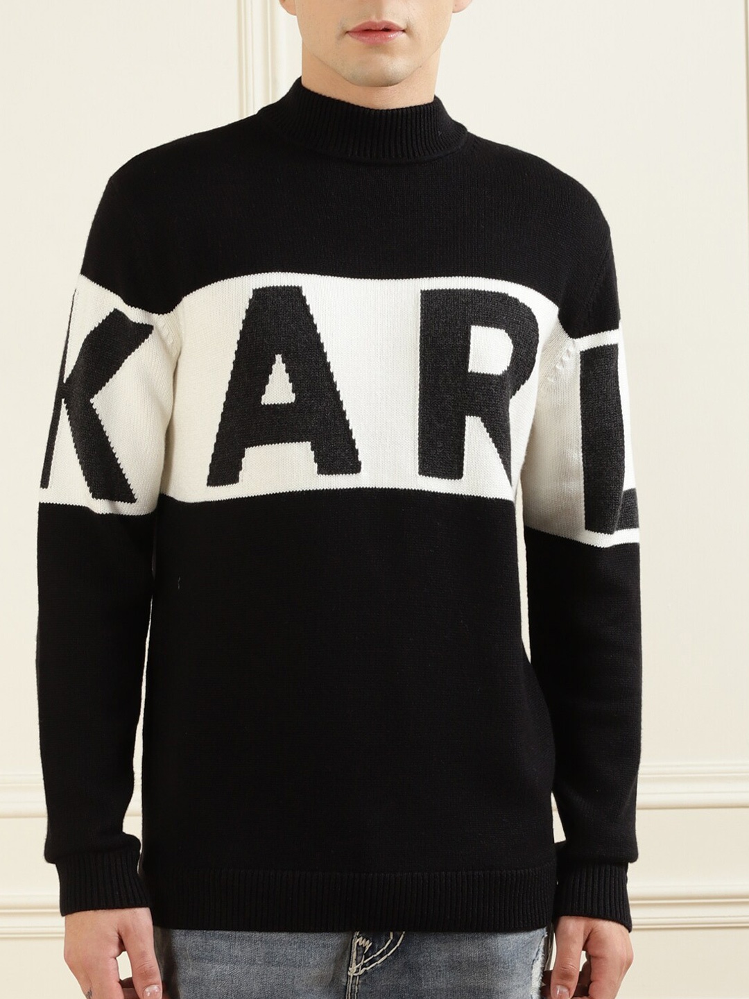 

Karl Lagerfeld Men Black & White Cotton Typography Printed Pullover