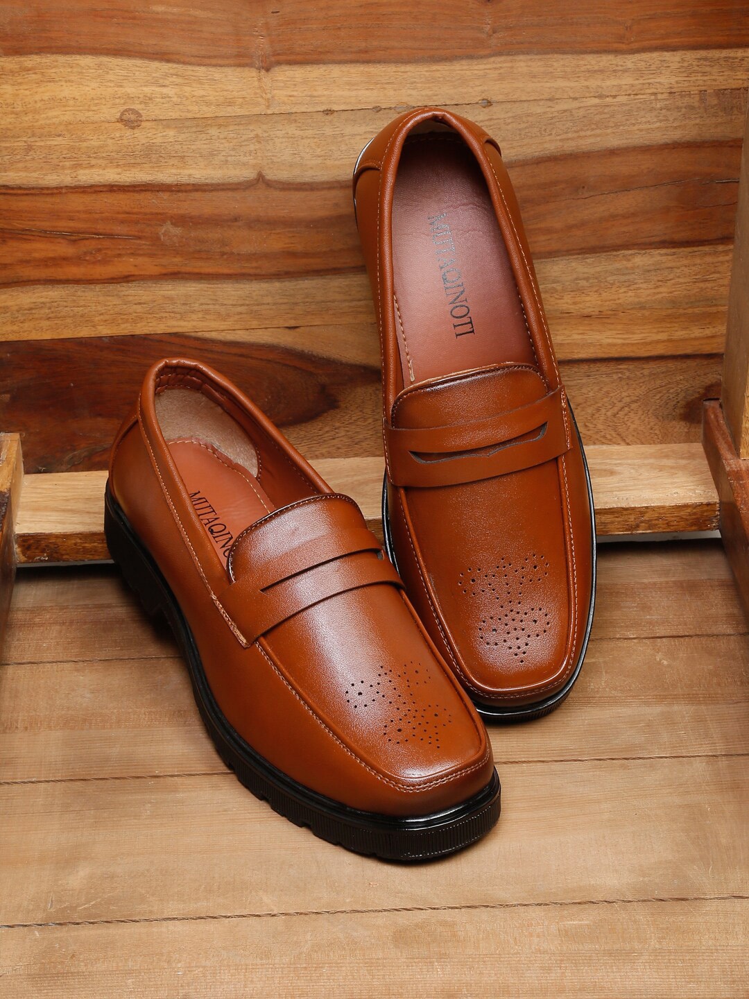 

MUTAQINOTI Men Tan Colored Solid Formal Slip On Shoes