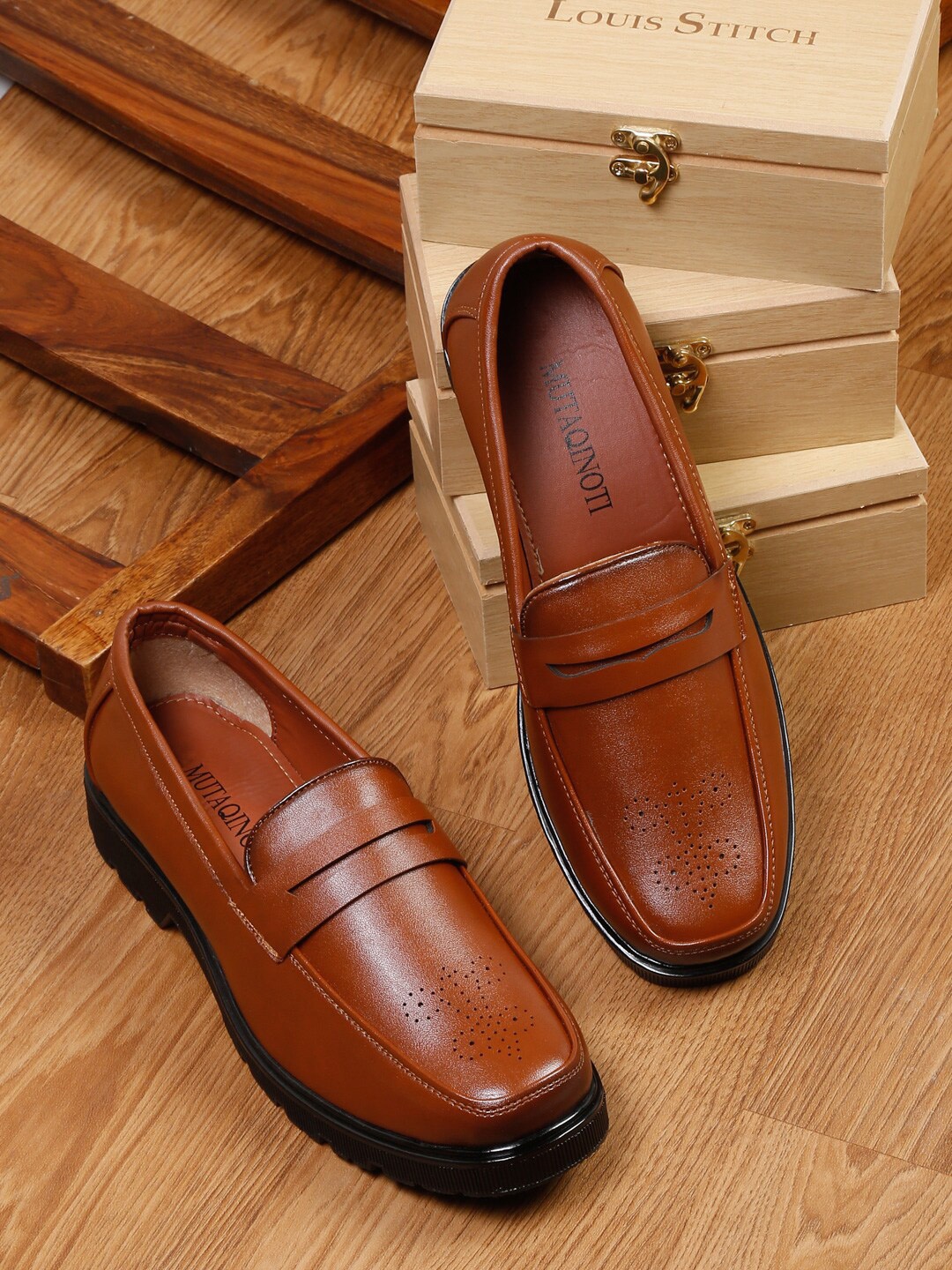 

MUTAQINOTI Men Tan Solid Leather Slip-On Formal Shoes