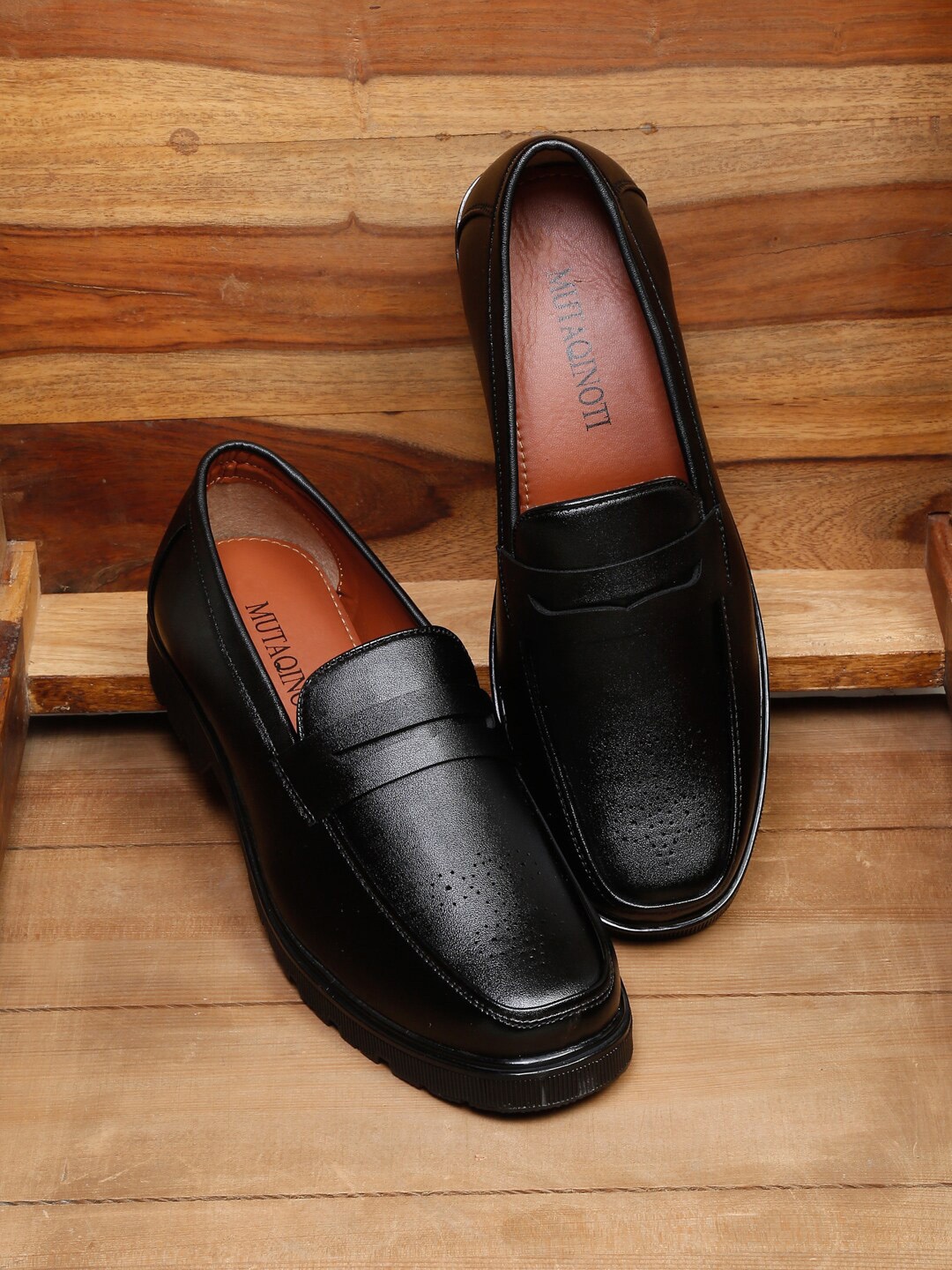 

MUTAQINOTI Men Black Solid Formal Slip-On