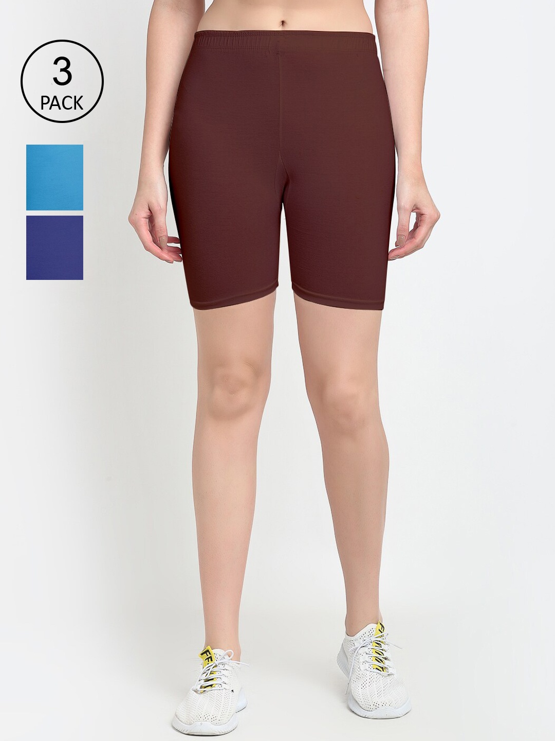 

GRACIT Women Pack Of 3 Blue & Brown Cycling Sports Shorts