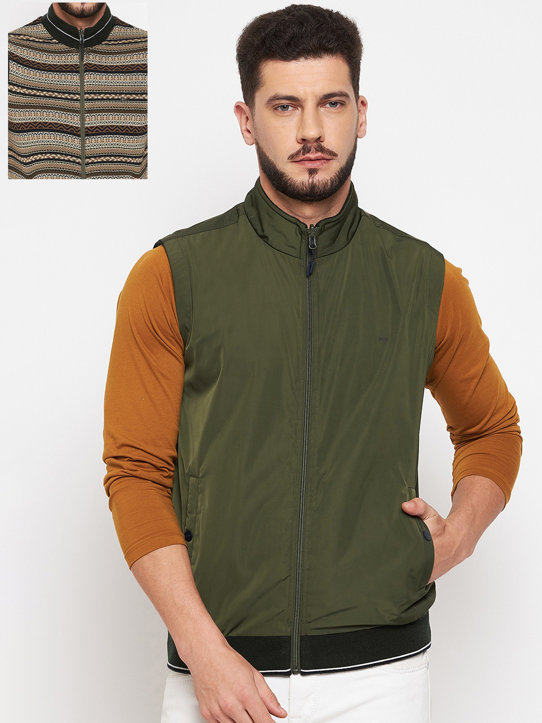 

Okane Men Olive Green Black Geometric Reversible Open Front Jacket