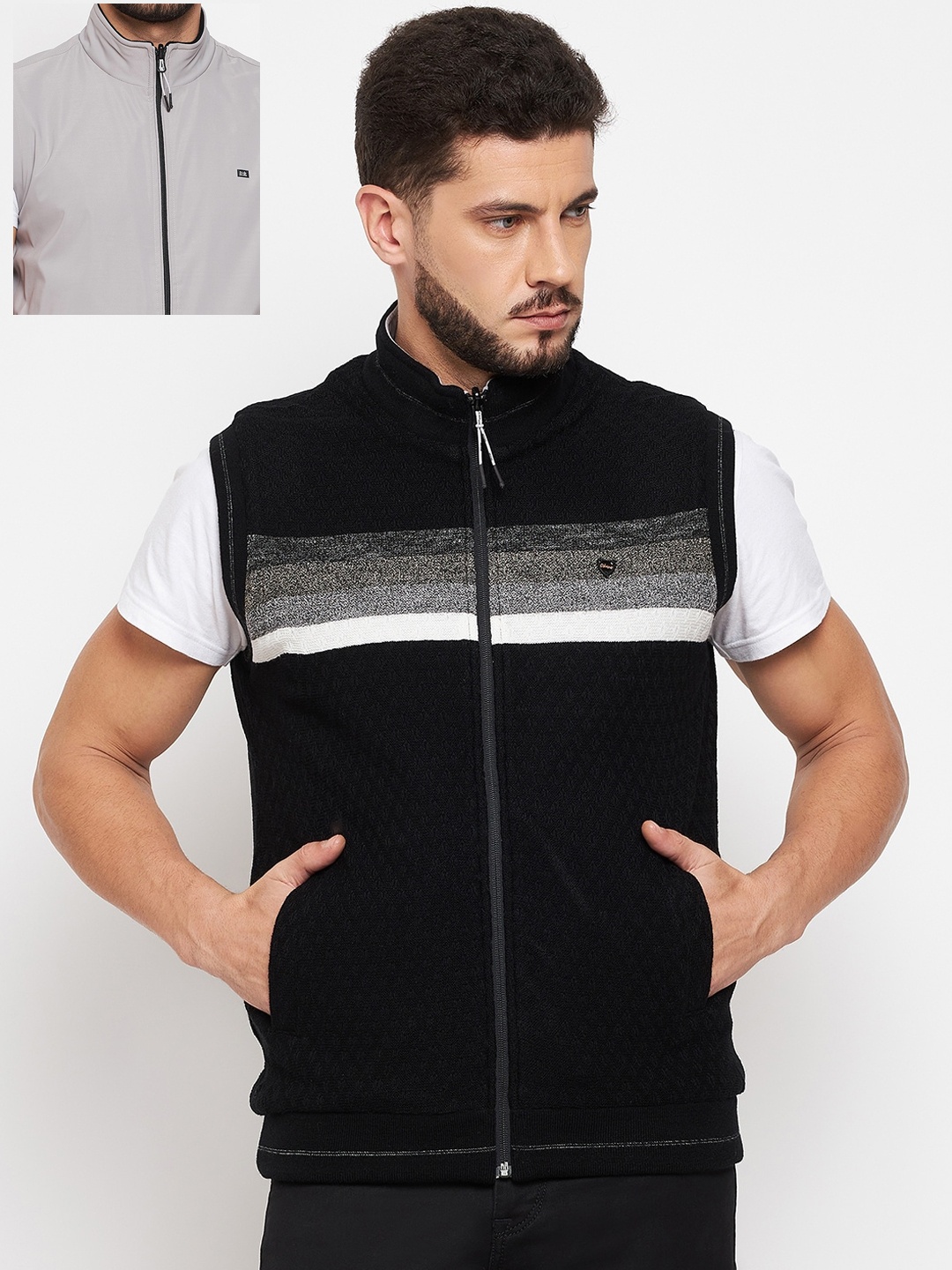 

Okane Men Grey Black Reversible Bomber Jacket