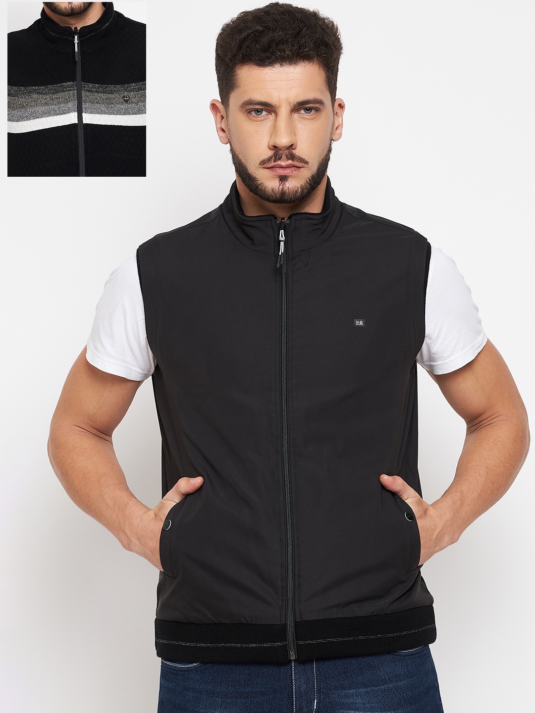 

Okane Men Black Grey Striped Reversible Padded Jacket