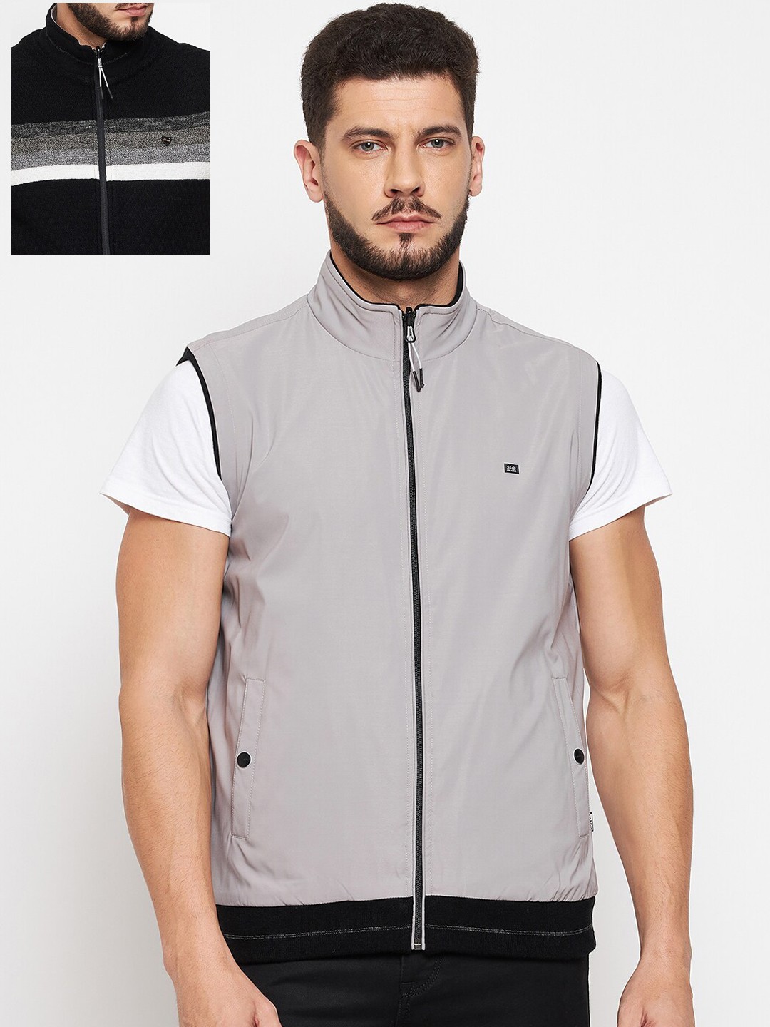 

Okane Men Grey Black Striped Reversible Open Front Jacket