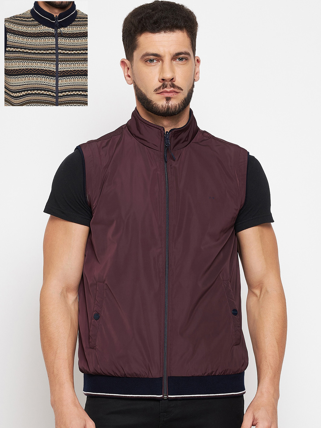 

Okane Men Burgundy Black Reversible Open Front Jacket