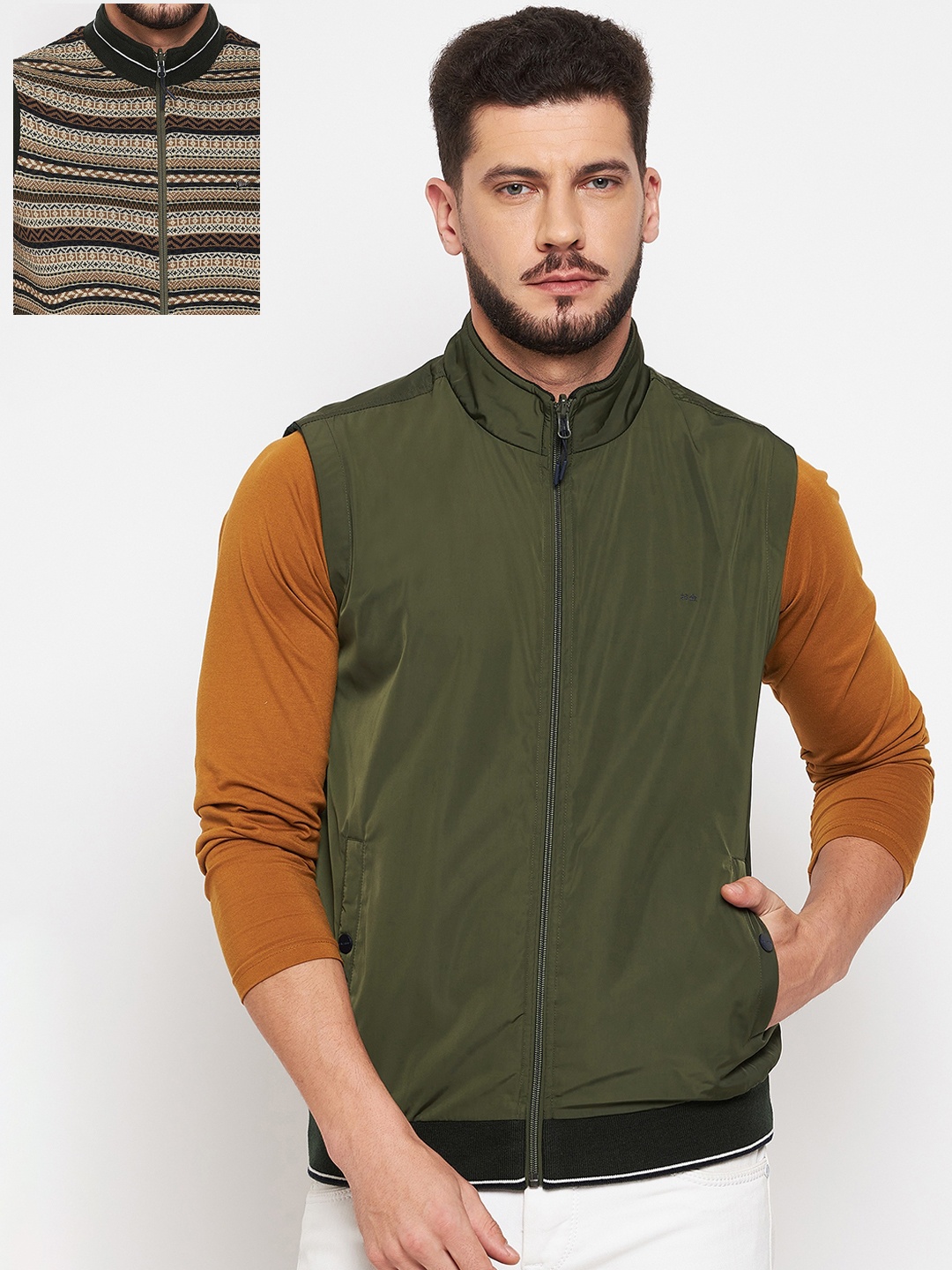 

Okane Men Olive Green Black Geometric Reversible Open Front Jacket