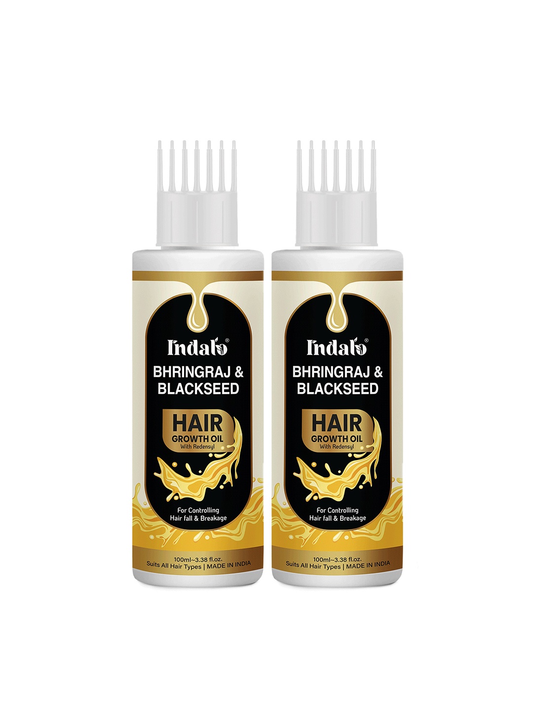 

INDALO Set of 2 Bhringraj & Blackseed Hair Growth Oil for Controlling Hair Fall-100ml each, Yellow