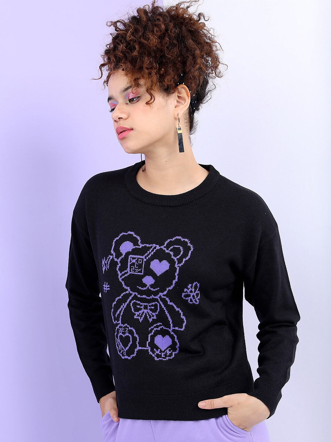 

Tokyo Talkies Women Black & Purple Jacquard Pullover