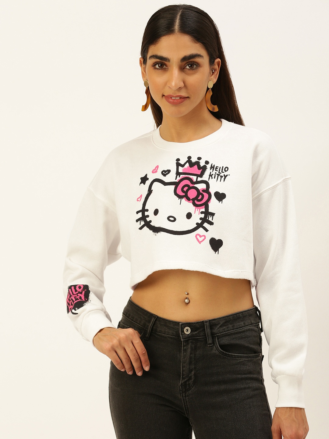 

FOREVER 21 Women White Hello Kitty Graphic Printed Cropped Sweatshirt