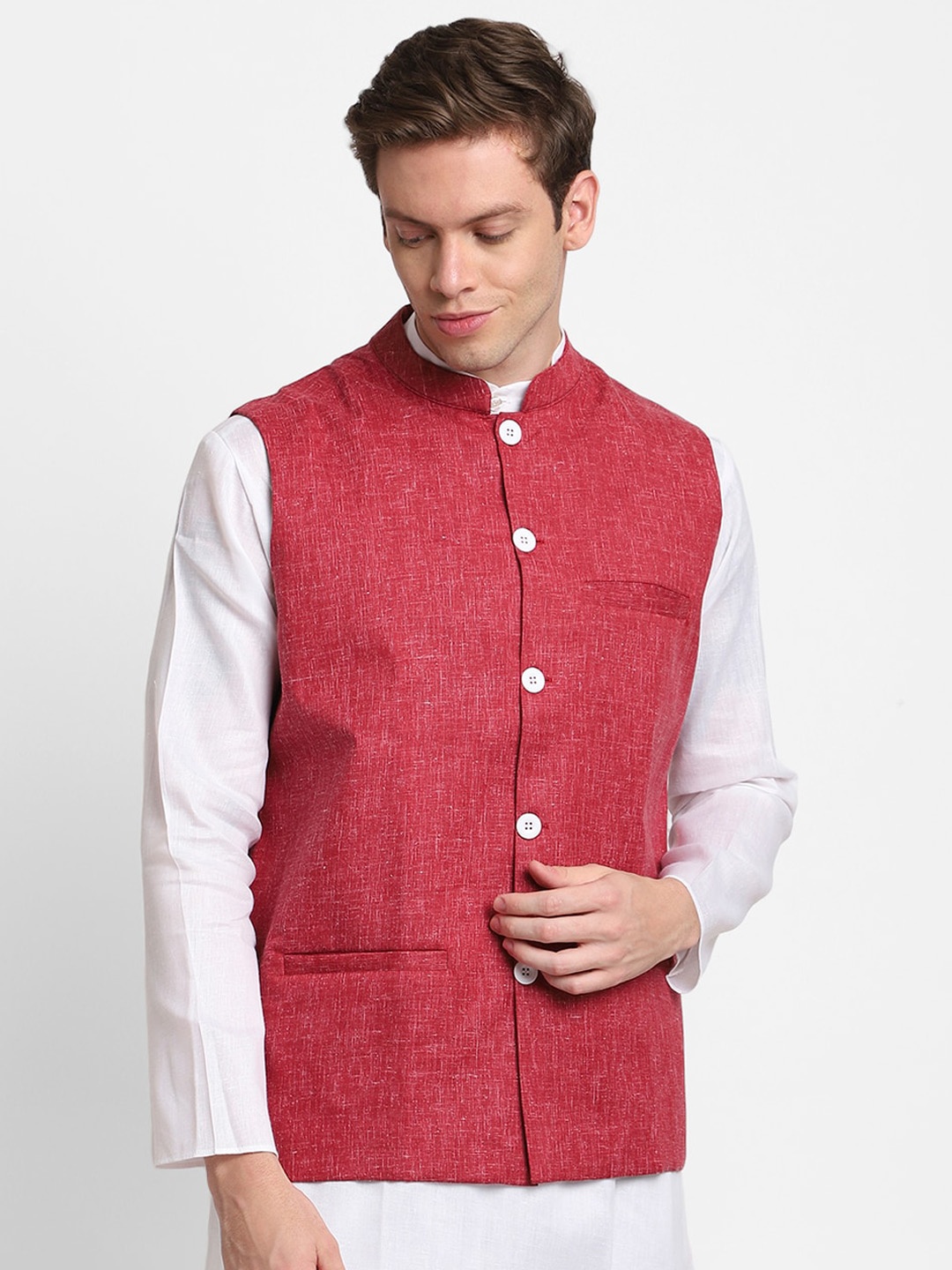 

DEVOILER Men Red Solid Cotton Blend Nehru Jackets